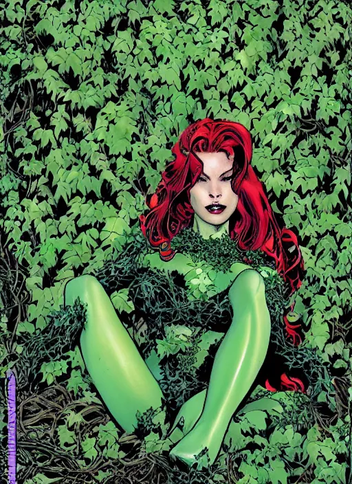 Prompt: dc comics poison ivy character sitting in a throne made of vines art by joe chiodo, travis charest