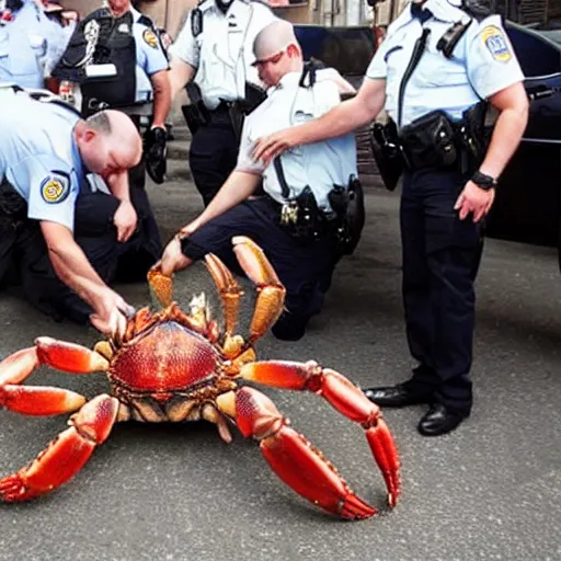 Prompt: police handcuffing a very enormous giant crab