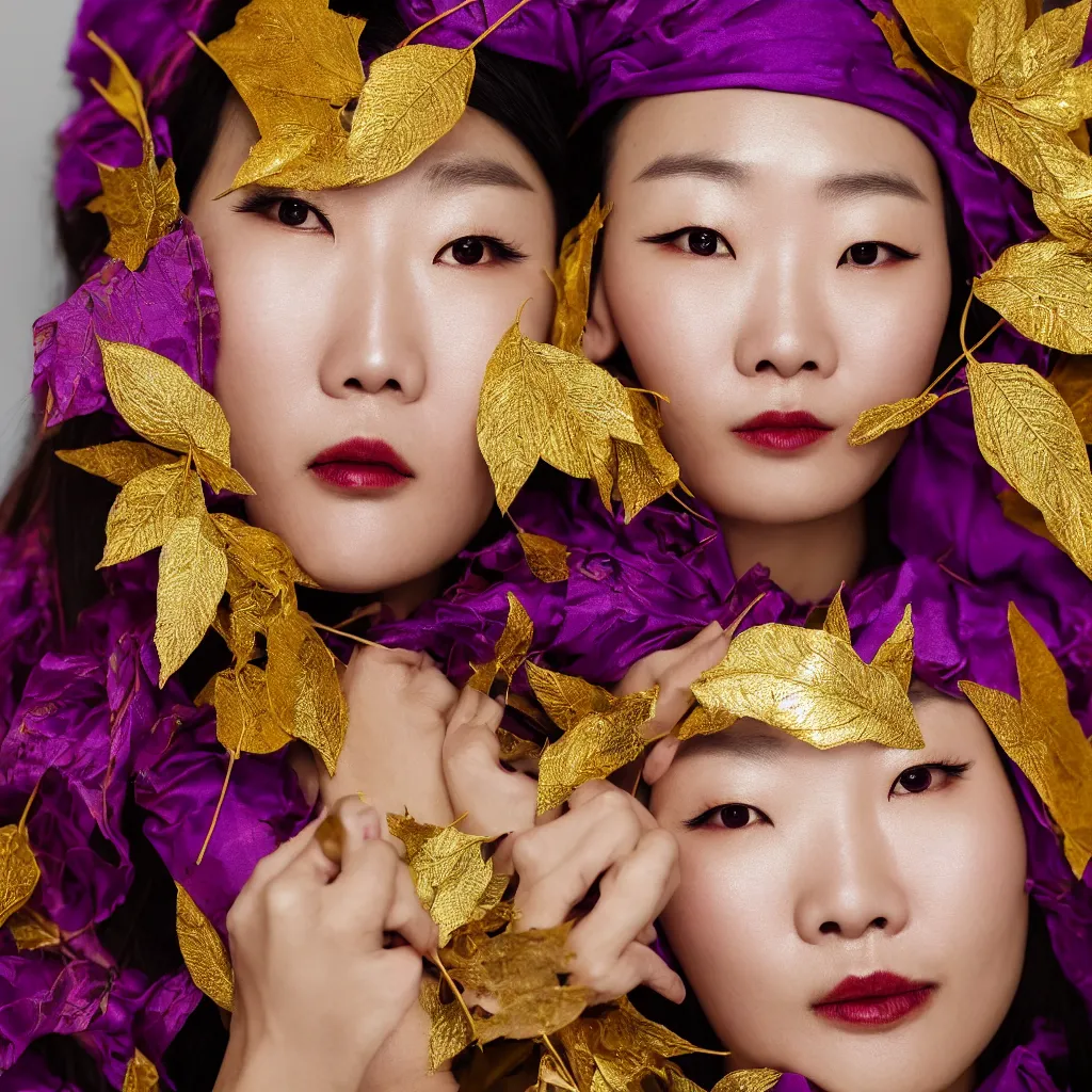 Image similar to close up portrait of a one korean woman, gold leaves, violet silk threads, venetian masks, mouth gags, fashion magazine, portrait photography, annie leibovitz, david lazar, 1 0 5 mm, in autumn, 8 k hd, detailed