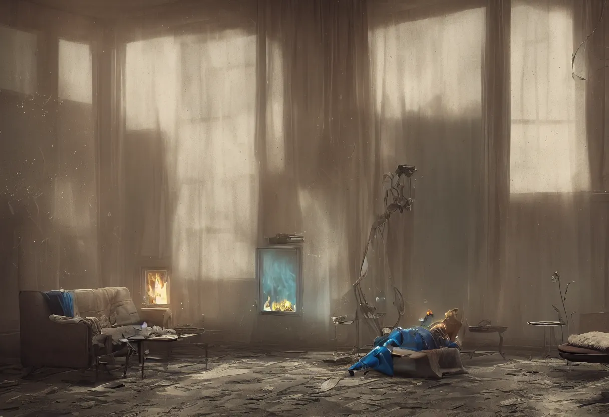 Image similar to intimate photograph of one single lone solitary cerulean and brown decaying futuristic robot lying on a frayed fainting couch facing a beautiful fireplace with a cozy fire, in a dusty Victorian home, soft morning light seeping in a window, with cinematic lighting and lens flare, tall ceiling, octane render, cgsociety, by Simon Stalenhag and Sylvian Boussiron and Alfonso Cuaron, highly detailed closeup portrait, award-winning highly detailed 8k anamorphic closeup tight cinematic movie photograph
