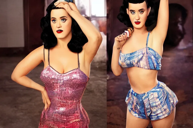 Image similar to symmetric!! a 4 k full hd perfectly detailed studio lit full body photo shot front pose film still of katy perry as betty page