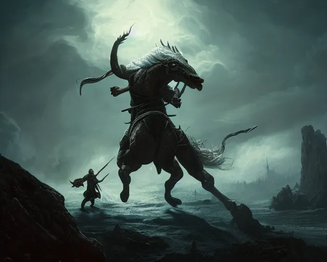 Image similar to 5 5 mm portrait photo of geralt fighting a 5 headed hydra with aard. magical atmosphere. art by greg rutkowski. highly detailed 8 k. intricate. lifelike. soft light. nikon d 8 5 0.