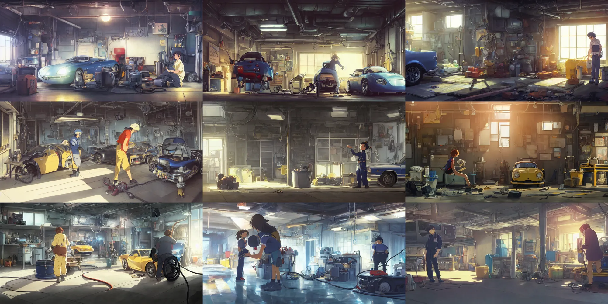 Prompt: a wholesome anime key shot of an auto mechanic at work in the garage, medium shot, waist up, studio Ghibli, Pixar and Disney animation, sharp, Rendered in Unreal Engine 5, anime key art by Greg Rutkowski, Bloom, dramatic lighting