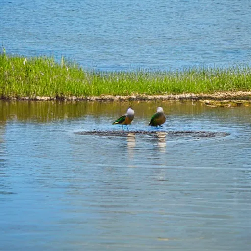 Prompt: lovebirds sitting in water, reflective, sunny day, landscape photography