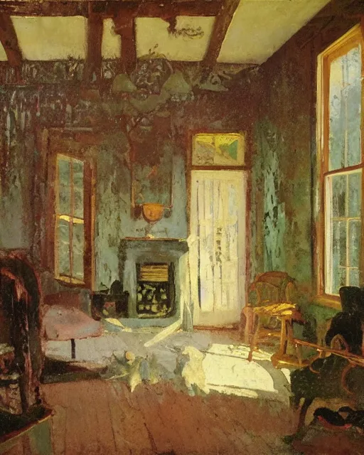 Prompt: the interior of an old cottage in cumberland that is probably haunted, delicate embellishments, painterly, offset printing technique, by brom, robert henri, walter popp