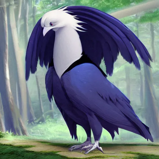 Image similar to concept art painting of an anthropomorphic albino raven wearing dark blue robes, in the deep forest, realistic, detailed, cel shaded, in the style of makoto shinkai and greg rutkowski and james gurney