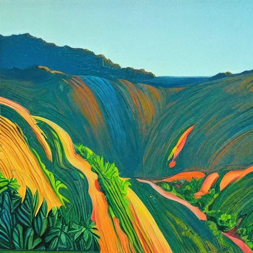 Image similar to painting of a lush natural scene on an alien planet by wayne thiebaud. beautiful landscape. weird vegetation. cliffs and water.