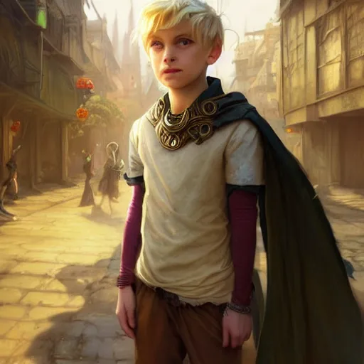 Image similar to portrait of a young boy wearing fantasy thief clothing in the slums of a fantasy city, blonde hair, d & d, fantasy, joyful smirk, intricate, elegant, highly detailed, digital painting, artstation, concept art, matte, sharp focus, illustration, art by artgerm and greg rutkowski and alphonse mucha