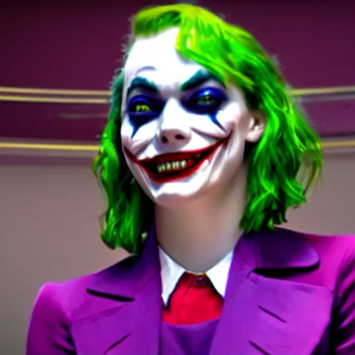 Image similar to Emma Stone playing The Joker smiling maniacally 8k HDR