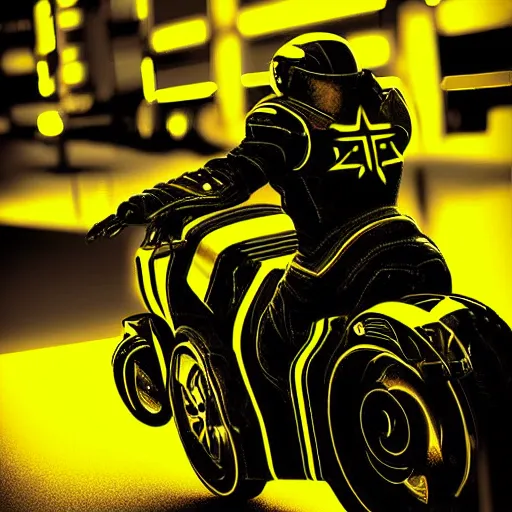 Prompt: cyber motorbikers by pascal blanche, black and yellow, dark neon trimmed beautiful dystopian digital art