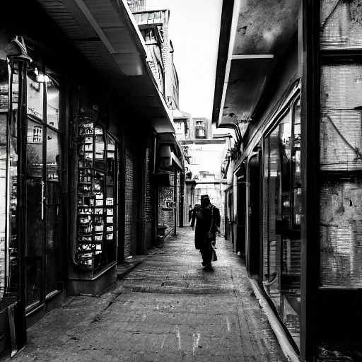 Prompt: downtown alleyway with watch repair shop in cyberpunk city, photograph, dark, ominous