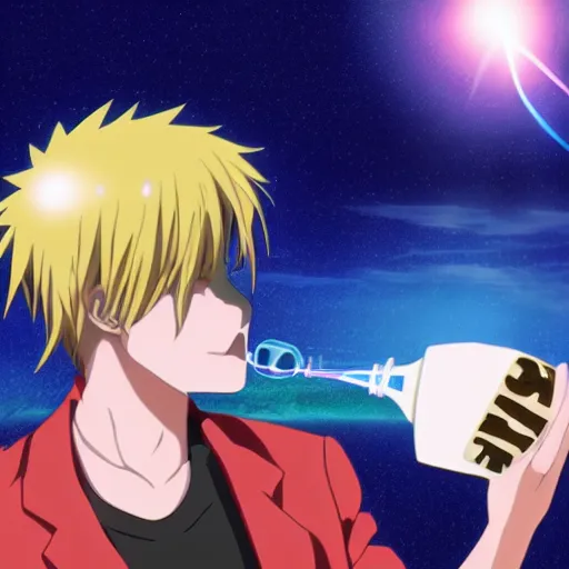 Image similar to 4k_digital_art_surreal_anime_of_an_anime dude_drinking_a_cup_of_cosmic_energy_bright_light