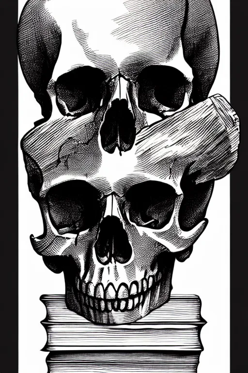 Prompt: one photo realistic skull on a stack of ancient books, art by albrecht durer and piranesi, black ink sketch, black and white, vector, vector art