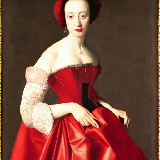 Image similar to sublime portrait of a woman in a red satin dress, very pale, graceful, imposing, idealistic, by Vermeer, Van Dyck, Jean Auguste Dominique Ingres, 17th-century, smooth, sharp focus, highly realistic