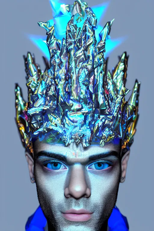 Image similar to hyper detailed ultra sharp portrait of baroque and bladerunner delicate neon diamond sculpture of seductive albino pharaoh zayn malik, diamond blue sphinx iridescent humanoid deity wearing metallic hoody made out of hands holding the sun prismatic dungeon, glowing blue face, crown of white diamonds, cinematic lighting, photorealistic, octane render 8 k depth of field 3 d