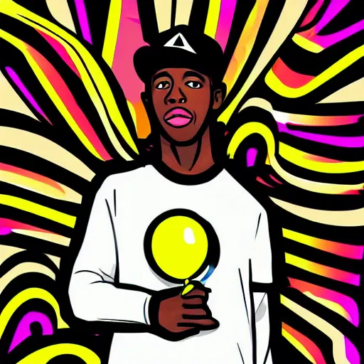 Prompt: photorealistic cartoon illustration with black outline and white background of rapper tyler the creator holding birthday balloon, colorful, artistic, vibrant, high, highly detailed art