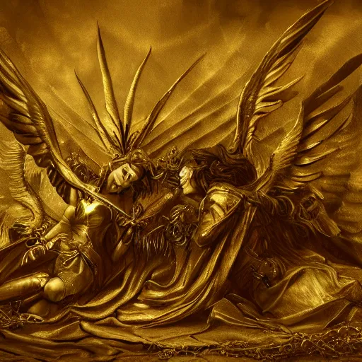 Image similar to fallen angels in golden armour ( gustav dore, artstation, deviantart )