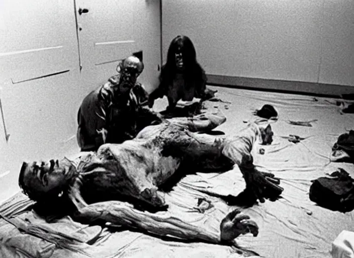 Prompt: disturbing 3 5 mm photo kodak of a human corpse in a room horror film practical fx by john carpenter