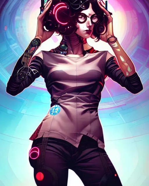 Image similar to artgerm, joshua middleton and sandra chevrier comic cover art, full body pretty female cyberpunk hacker, symmetrical eyes, long curly hair, beautiful, rim lighting, vivid colors