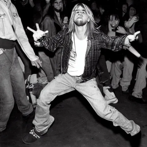 Image similar to a photo of kurt cobain dancing in a rave party