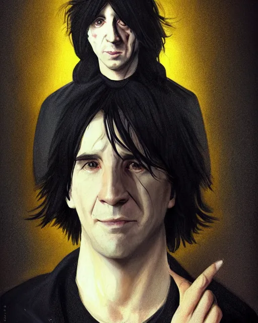 Image similar to portrait of a 3 2 - year - old man wearing black clothes, snape severus, with black, greasy, mid - length hair, hooked nose, dark brown eyes, yellow uneven teeth, highly detailed, digital painting, artstation, concept art, smooth, sharp focus, illustration, art by artgerm and greg rutkowski and alphonse mucha