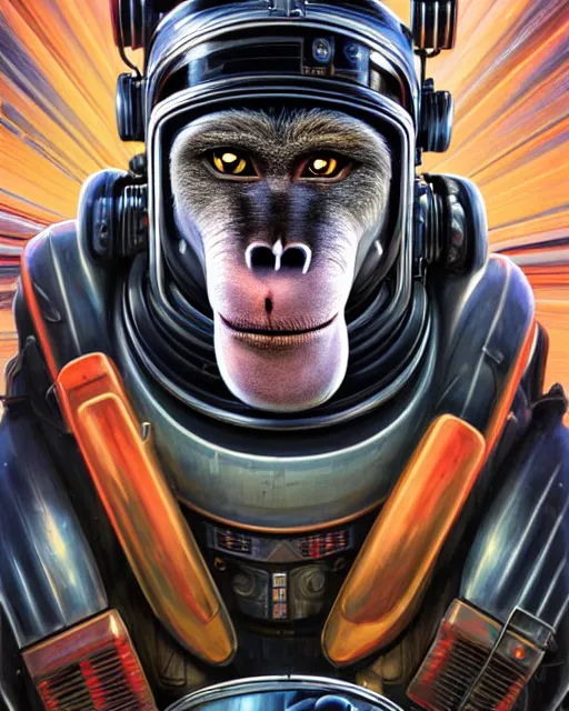 Image similar to a portrait of an anthropomorphic cyberpunk baboon in a crash helmet by sandra chevrier, detailed render, tape deck, epic composition, cybernetics, 4 k realistic, cryengine, realistic shaded lighting, sharp focus, masterpiece, by matteo scalera, gary montalbano, peter elson in the style of the tokyo ghost comic