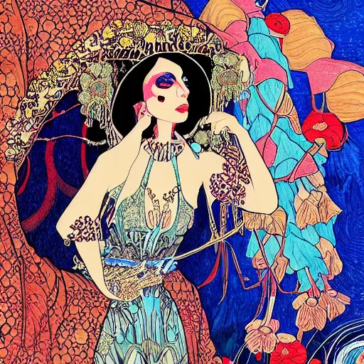 Image similar to lady gaga on a detailed ivan bilibin and edmund dulac and ilya kuvshinov and katsuhiro otomo inspired print