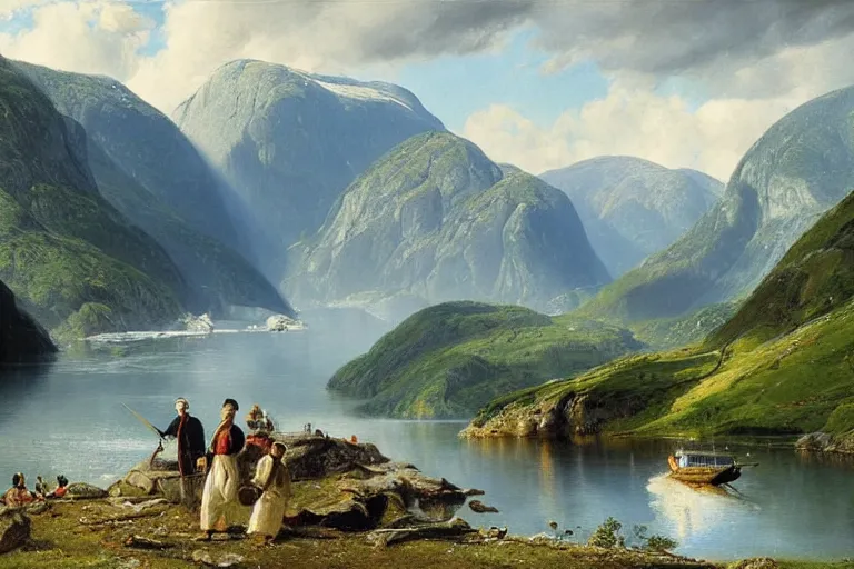 Prompt: Geirangerfjorden in summer painted by Ludwig Deutsch and Rudolf Ernst, strong dramatic cinematic lighting, smooth, sharp focus, extremely detailed