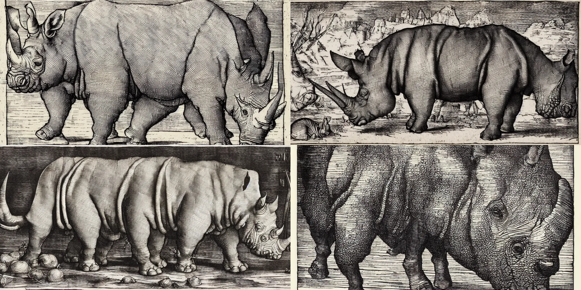 Prompt: rhinoceros by albrecht durer. woodcut. 1 5 1 5
