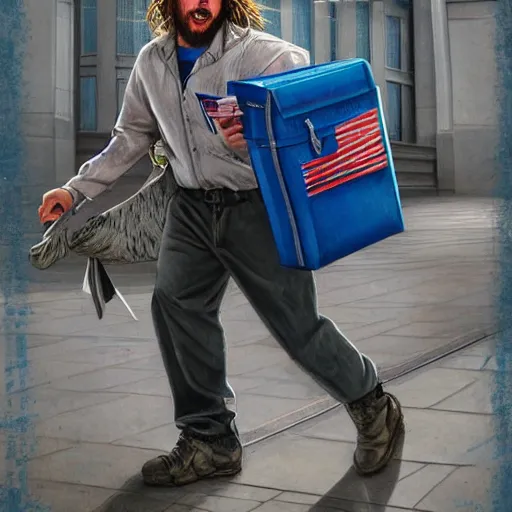 Image similar to a closeup photorealistic illustration of post malone delivering mail as american mail carrier with blue bag. fine detail. this 4 k hd image is trending on artstation, featured on behance, well - rendered, extra crisp, features intricate detail, epic composition and the style of unreal engine.