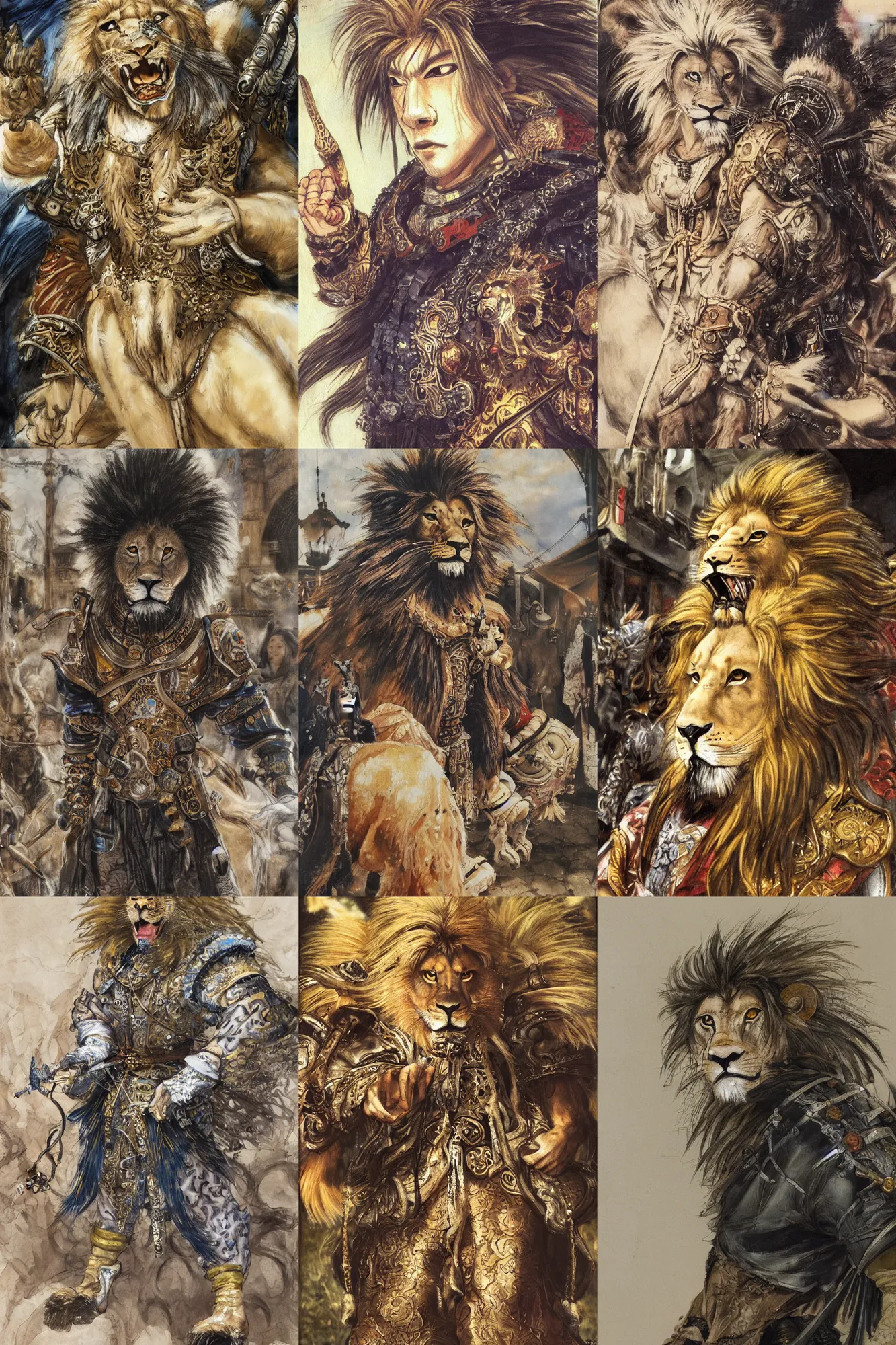 Image similar to 8 k yoshitaka amano painting of upper body of a young cool looking lion beastman with white mane at a medieval market at windy day. depth of field. he is wearing complex fantasy clothing. he has huge paws. renaissance style lighting.