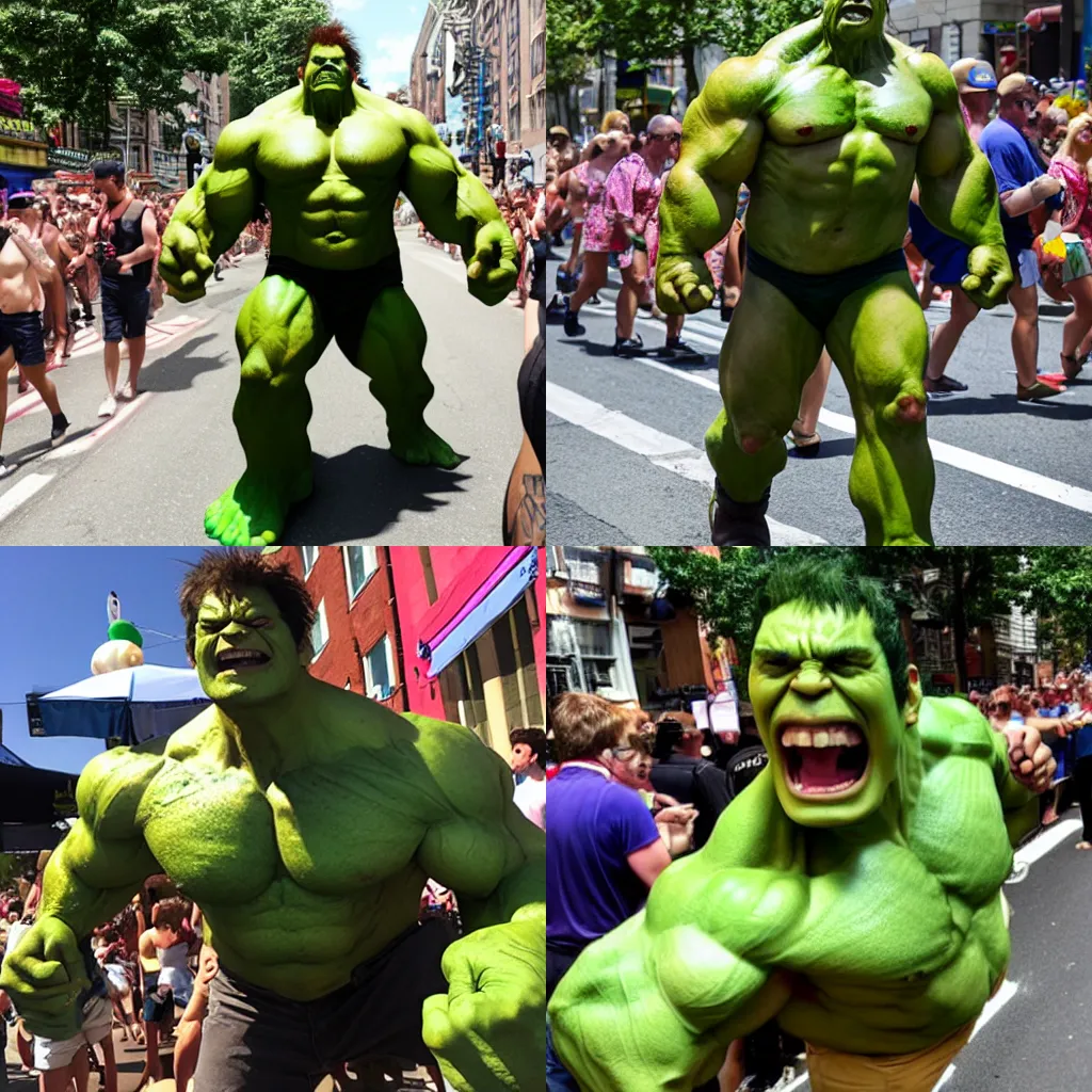 Prompt: photorealistic Hulk leads Christopher Street Day parade