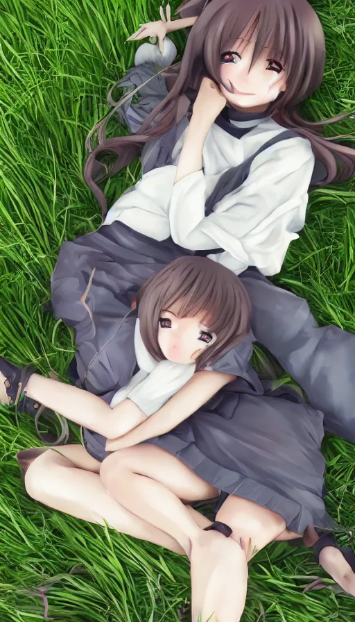 Prompt: two cute anime character lying in a grass bed huggig, realistic face, detailed face, detailed eyes, short miniskirt, lightly dressed, ultra detailed digital art, hyper real, detailed, ultra detailed, ground up angle, full body shot, wide angle, renaissance painting