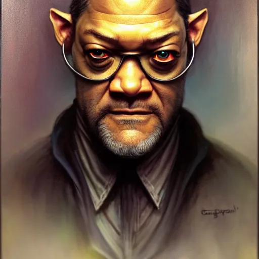 Image similar to portrait painting of a cyberpunk elven corporate boss laurence fishburne, sharp focus, award - winning, trending on artstation, masterpiece, highly detailed, intricate. art by greg staples and elsa beskow and brian froud and jessica rossier