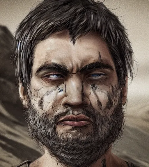 Image similar to portrait of muscular, tired and alcoholic 3 0 - year - old grieving man with short darkblonde hair, serious sad look in his eyes, looking down, dirty beard, blue eyes, crying tears, wearing dirty soldier uniform, on the desert, sad atmosphere, hyper realistic face, character art, art by mark brooks, cryengine, trending on artstation, digital art