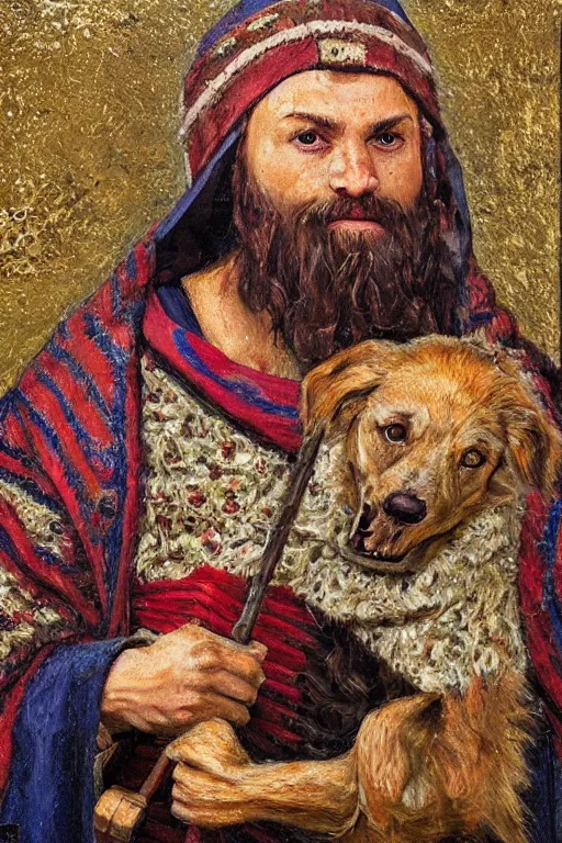 Image similar to Slavic dog head man, woolen torso in medieval clothes, Orthodox Saint Christopher, oil painting, hyperrealism, beautiful, high resolution, trending on artstation, with an axe,