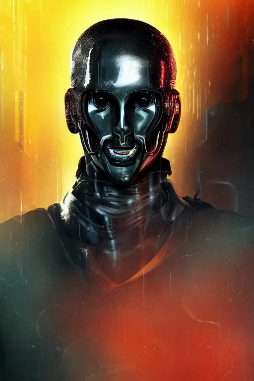 Image similar to head and shoulders render of man black leather jacket mid distance cyberpunk face ((single_glowing_red_eye red_emissives!)) android face mecha, inhuman creepy intimidating, exposed cable bundles black thick Tom Bagshaw and Greg Rutkowski and Alphonse Mucha Bladerunner 2049 screenshot artstation UE5 2066 trending 165mm