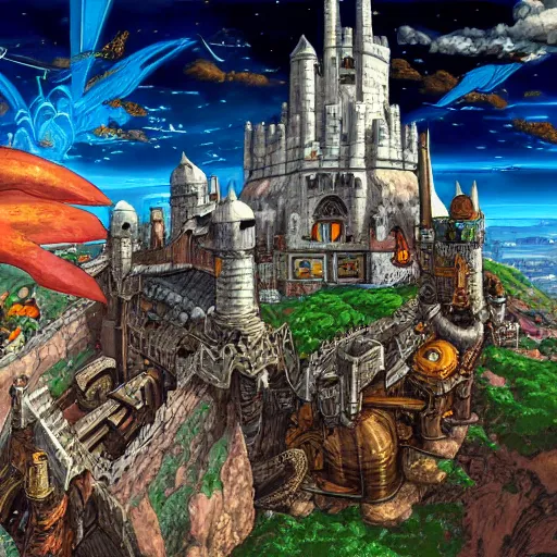 Prompt: Detailed digital illustration close up view on medieval castle fly in the sky Akira Toriyama and Blizzard Concept Artists