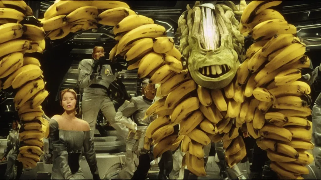 Image similar to a giant monster made of bananas killing crew on star trek, film still from the movie directed by Denis Villeneuve with art direction by Salvador Dalí, wide lens