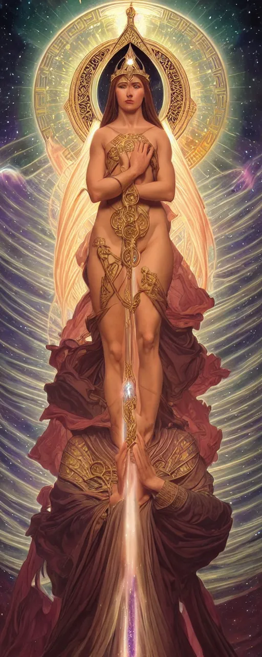 Image similar to perfectly detailed esoteric goddess of galaxies judgement tarot card!! blessed by the universe with ever - increasing physical mental perfection, symmetrical! intricate, sensual features, highly detailed, biblical divine holy perfection!! digital painting, artstation, concept art, smooth, sharp focus, illustration, art by artgerm and greg rutkowski and alphonse mucha