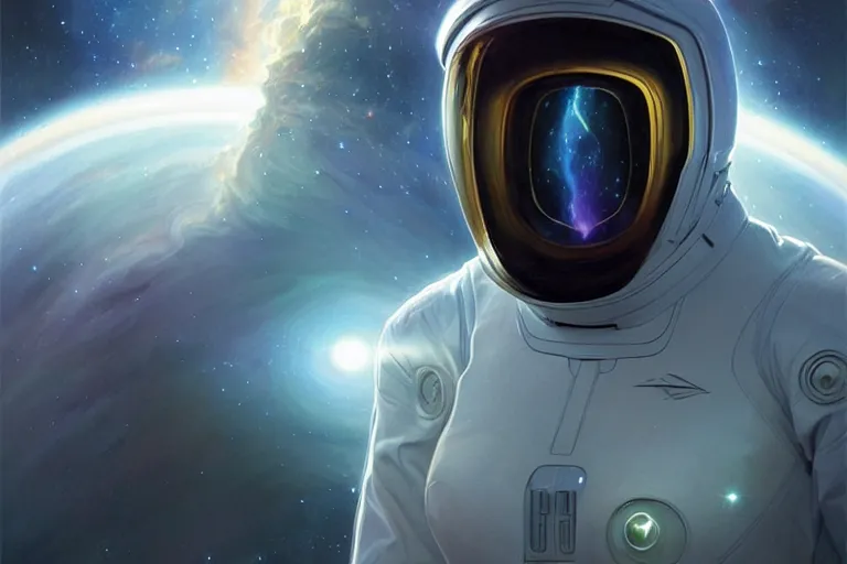 Image similar to Portrait of a Futuristic reflective spacesuit visor mirror spacesuit reflecting a nebula supernova in space, portrait, elegant, intricate, digital painting, artstation, concept art, smooth, sharp focus, illustration, art by artgerm and greg rutkowski and alphonse mucha