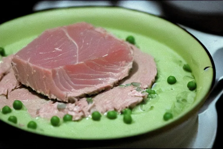 Prompt: tuna and peas aspic in cyberspace, in 1 9 9 5, y 2 k cybercore, industrial low - light photography, still from a ridley scott movie