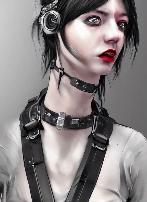 Image similar to detailed realistic female character cyberpunk wearing thick technological collar around neck, realistic, art, beautiful, 4K, collar, choker, collar around neck, punk, artstation, detailed, female, woman, choker, cyberpunk, punk, collar, choker, collar around neck,