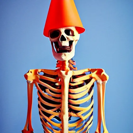 Image similar to a skeleton. his hands looks like traffic - cones. full body photography.