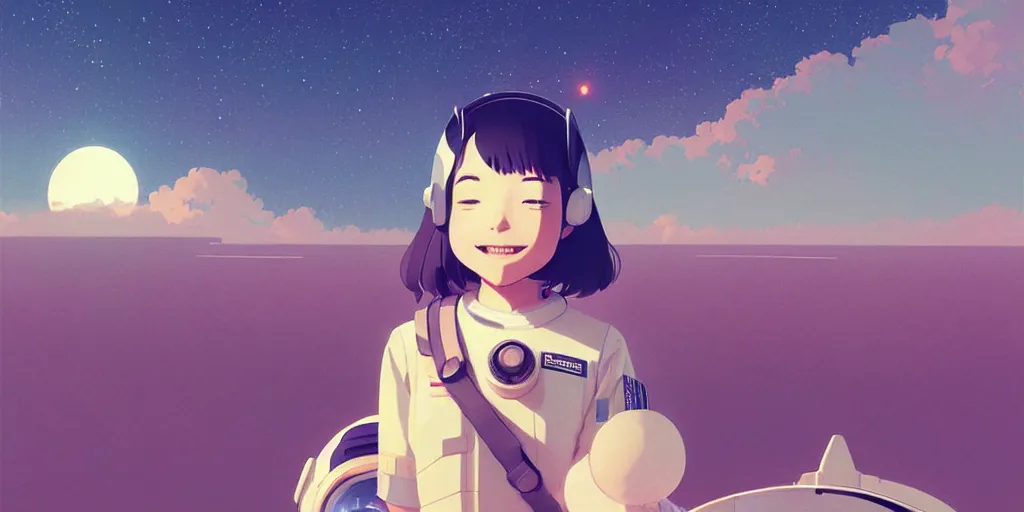 Image similar to portrait of a smiling girl in astronaut helmets by ilya kuvshinov, cloudy sky background lush landscape ln illustration concept art anime key visual trending pixiv by victo ngai fanbox by greg rutkowski makoto shinkai takashi takeuchi studio ghibli