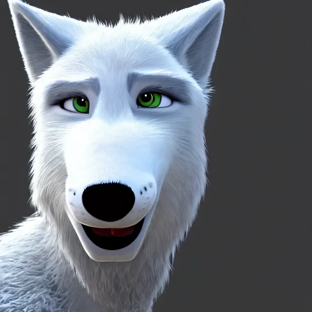 Image similar to portrait headshot of a handsome male white wolf in the style of zootopia, disney, volumetric lighting, subsurface scattering, photorealistic, octane render, random artists