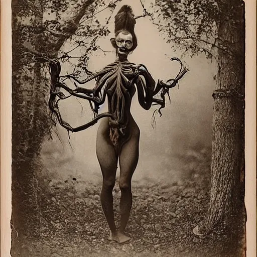 Image similar to 1860 photo of an old freak show spider-woman, on the middle of a forest, spooky , veins, arteries, intricate, golden ratio, full frame, elegant, highly detailed, ornate, ornament, sculpture, elegant , luxury, beautifully lit, ray trace, 3d, PBR