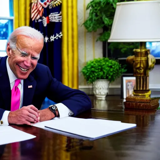 Image similar to photo of Joe Biden wearing bunny ears in the oval office, press release