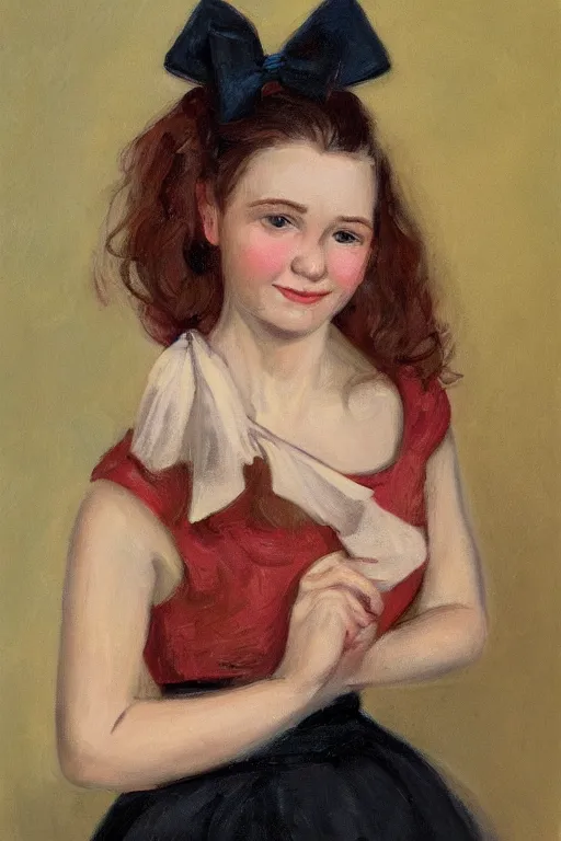 Image similar to a portrait of a young woman wearing a dress and wearing a bow in her hair, by dean yeagle