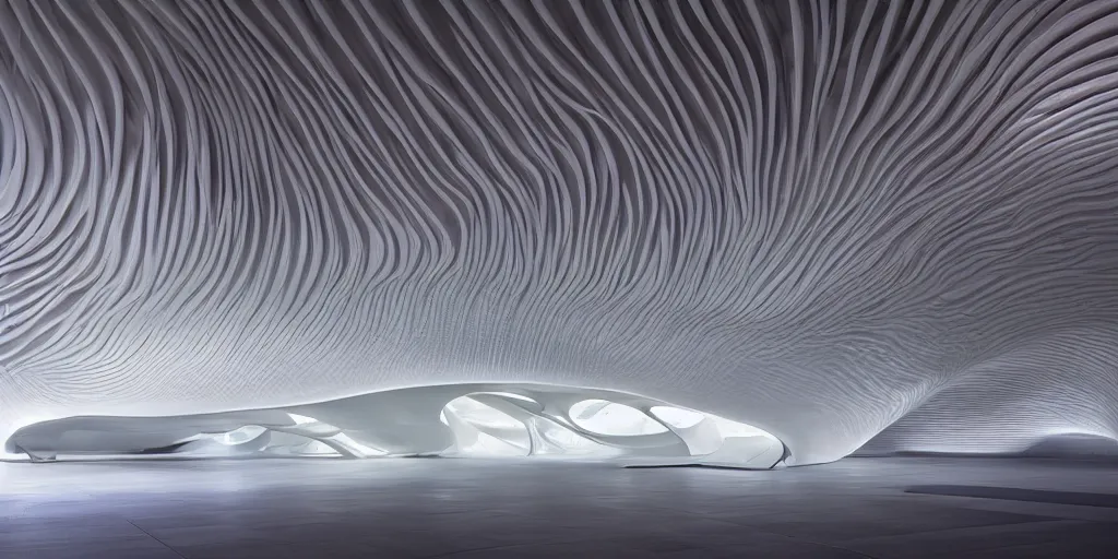 Prompt: extremely detailed awe stunning beautiful futuristic smooth curvilinear museum interior by zaha hadid, translucent gills, stunning volumetric light, stainless steel, concrete, translucent material, beautiful sunset, hyper real, 8k, colorful, 3D cinematic volumetric light, atmospheric light